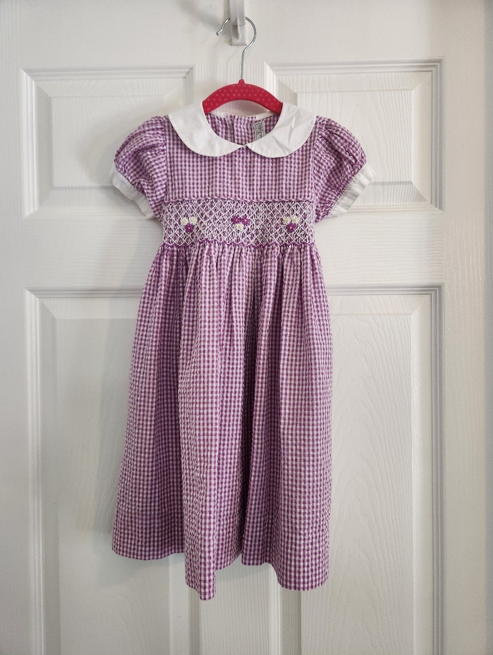 Fantaisie Kids Girls Lavender Gingham Smocked Dress with Peter Pan Collar Sz 2T